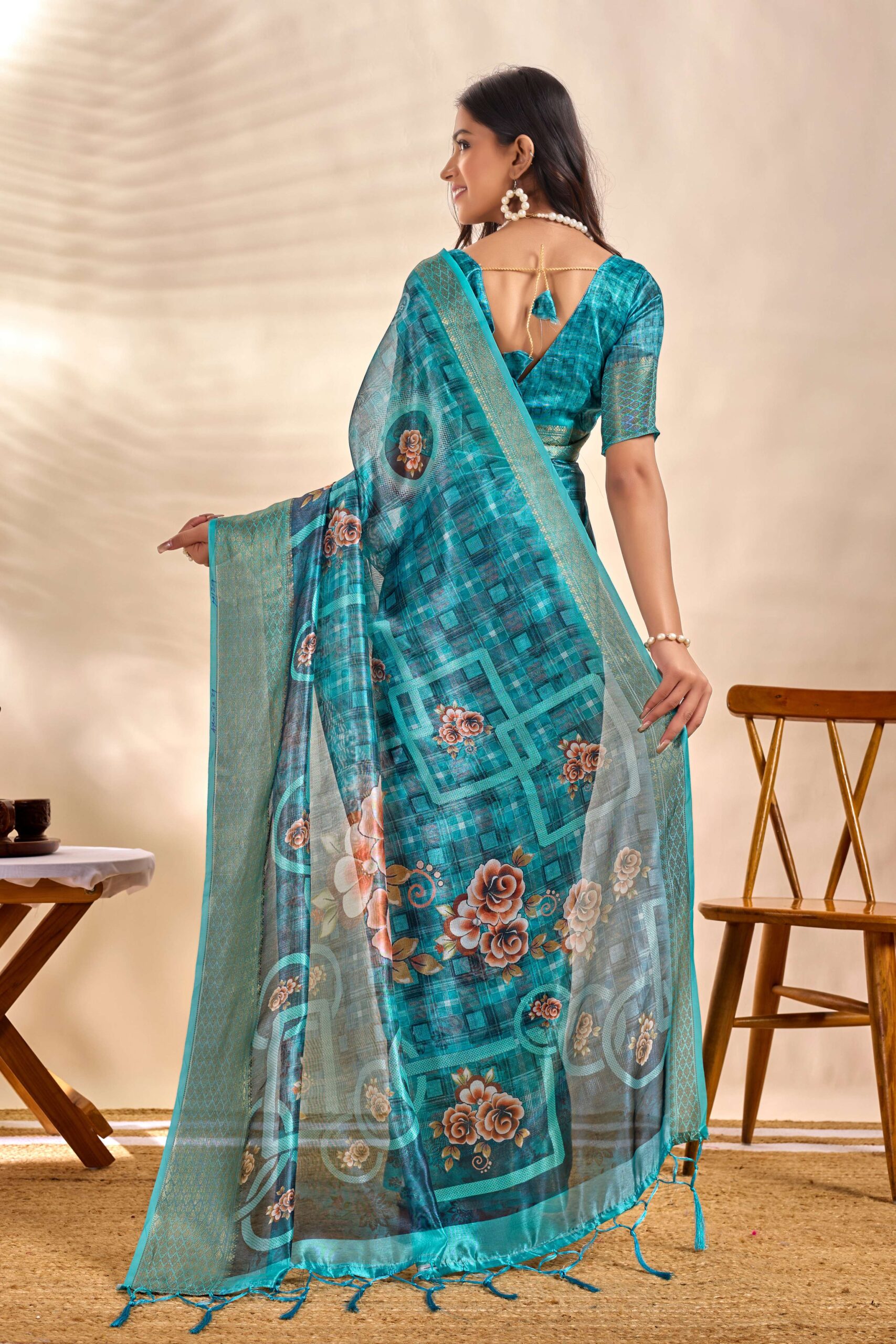 Teal Blue Soft Silk Saree with Floral Digital Pallu & Zari Border - Image 5