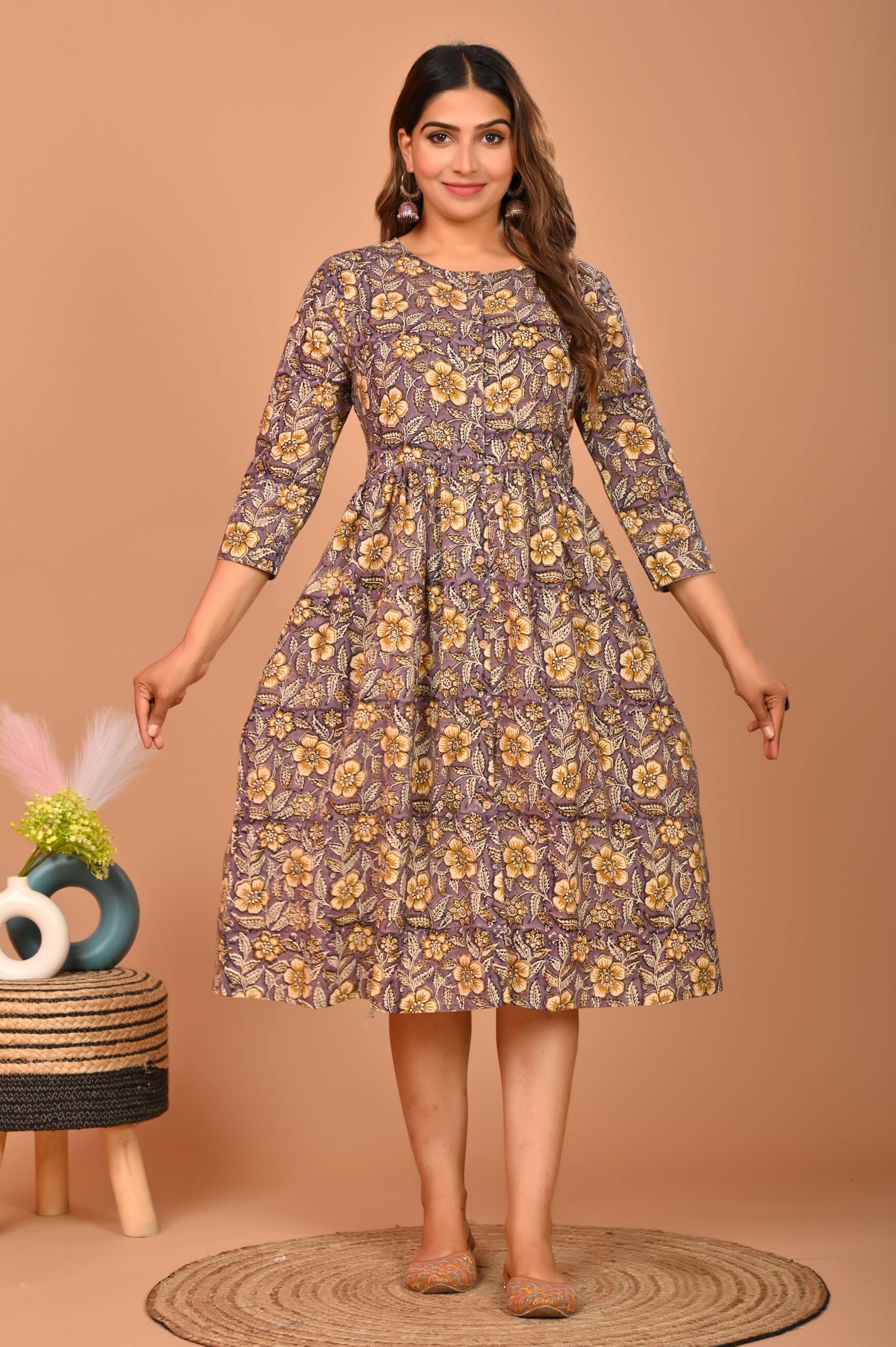 Purple & Yellow Floral Printed A-Line Midi Dress with 3/4 Sleeves ? Elegant Casual & Festive Wear