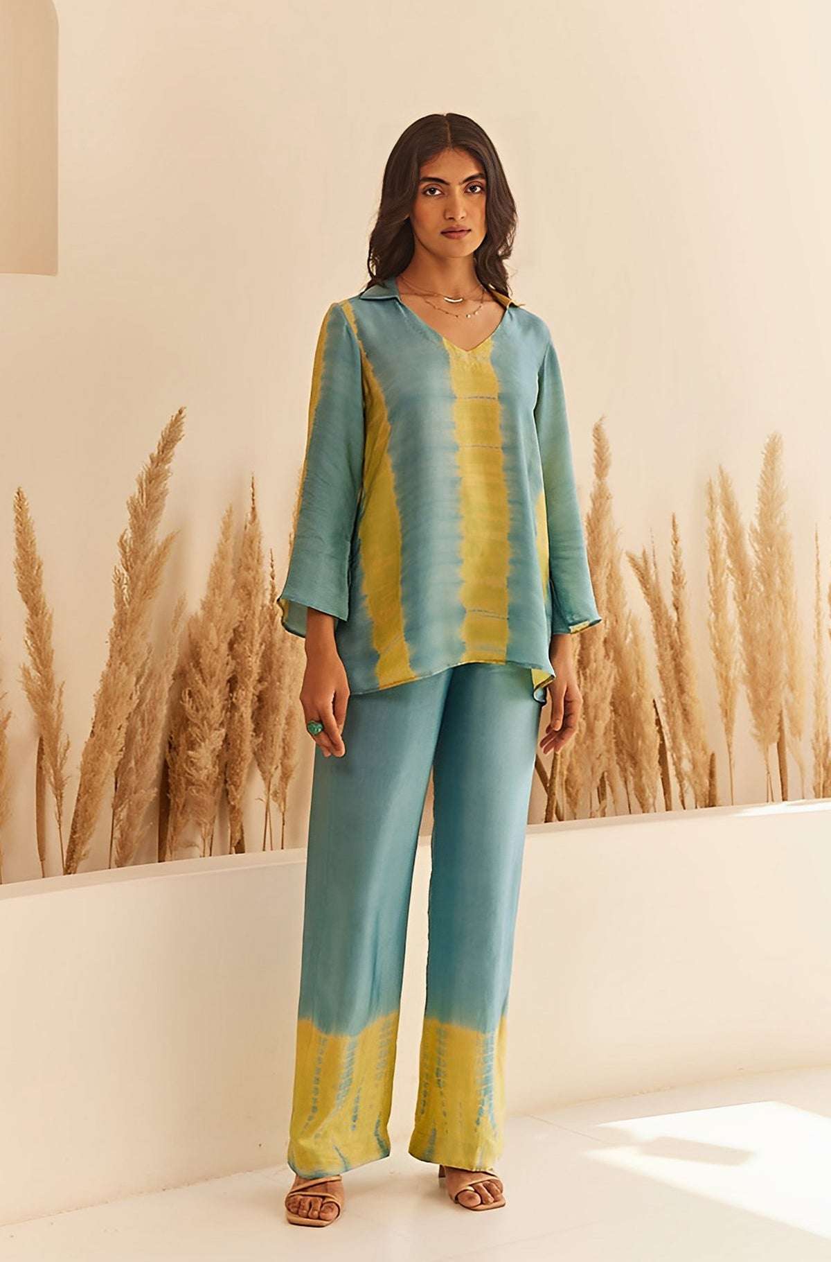 Women's Cotton Tie Dye Print Two-Piece Lounge Set Tunic with Wide-Leg Pants, Resort Wear ( Teal and Yellow ) - Image 4