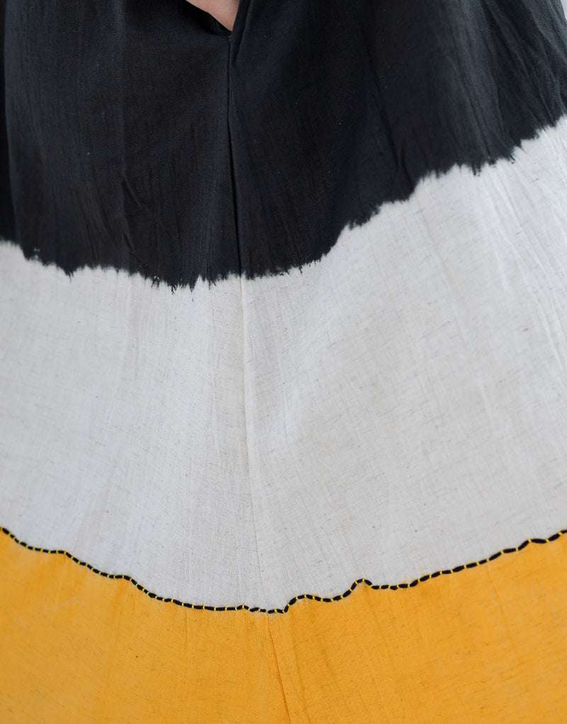 Women's Cotton Tie-Dye Print Loose Short Sleeveless Tunic Dress ( Black Yellow ) - Image 3