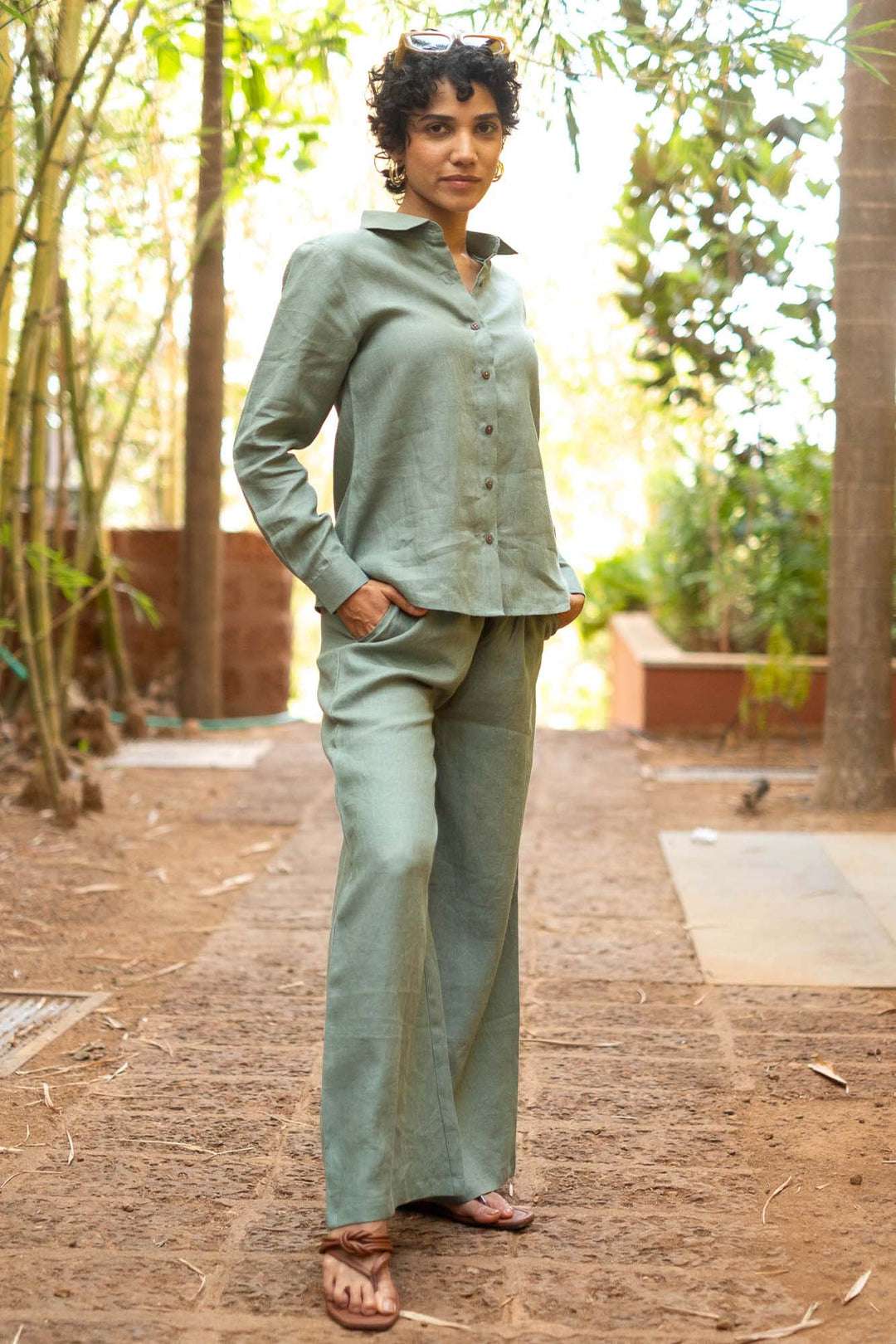 Women's Cotton Solid Pain Straight Shirt With Wide Leg Palazzo Pant Casual Summer Collection Cord Set( Pista Green ) - Image 3