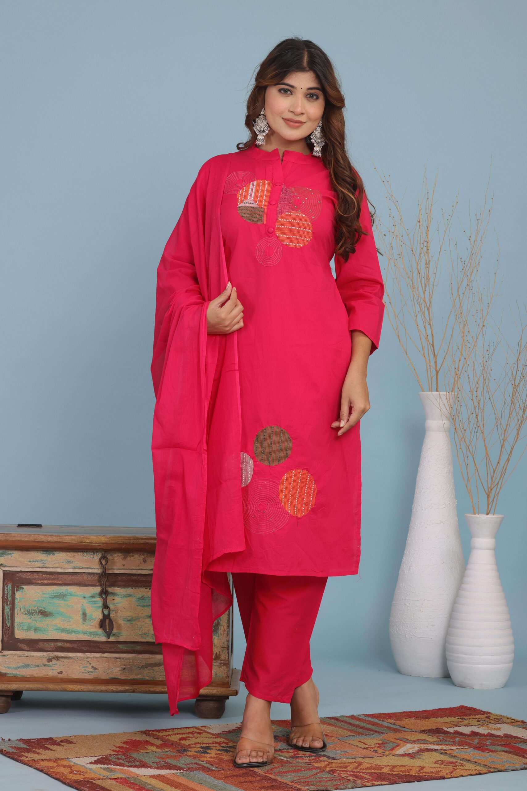 Women's Cotton Embroidery Straight Kurti With Pant Set - Image 2