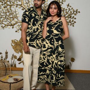 Couple Matching Outfit ? Black Cotton Printed Midi Dress & Shirt Set, Summer Casual Wear