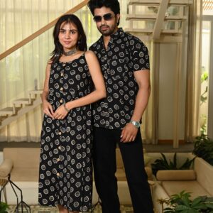 Couple Matching Outfit ? Black Printed Cotton Midi Dress & Shirt Set, Ethnic Casual Wear