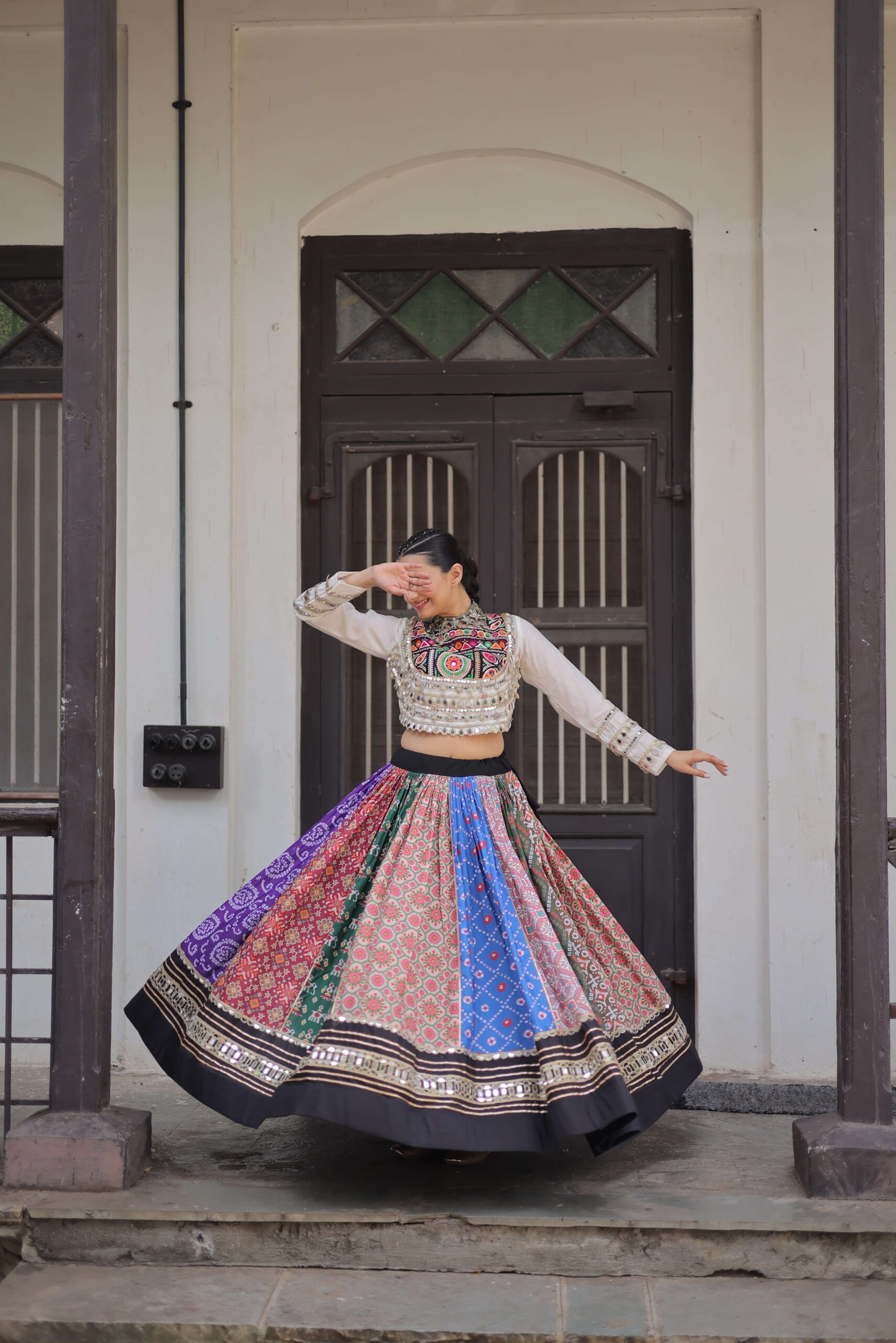 Cotton Printed Navratri Lehenga Choli Set with Gota & Mirror Lace - Image 8