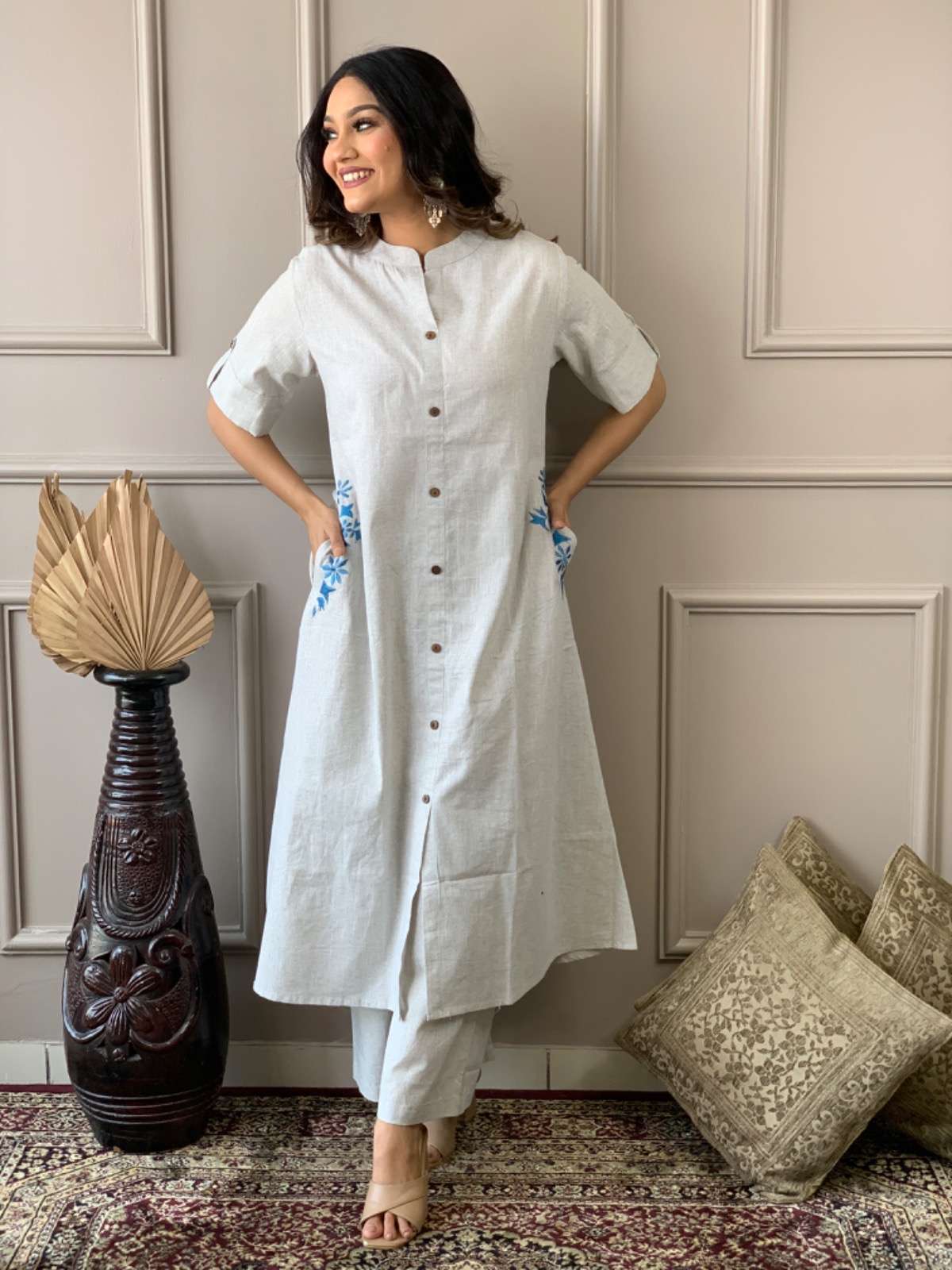 Women's Cotton Embroiderd Long A-Line Kurti with Palazzo - Image 2