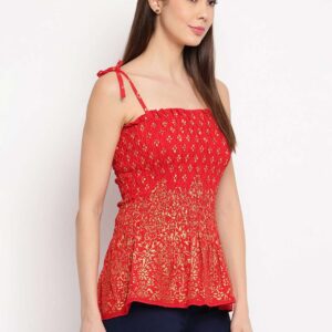 Women's Rayon Floral Printed Casual Summer Style Tie Shoulder Straps Free Size Tank Top ( Red Gold Pattern)