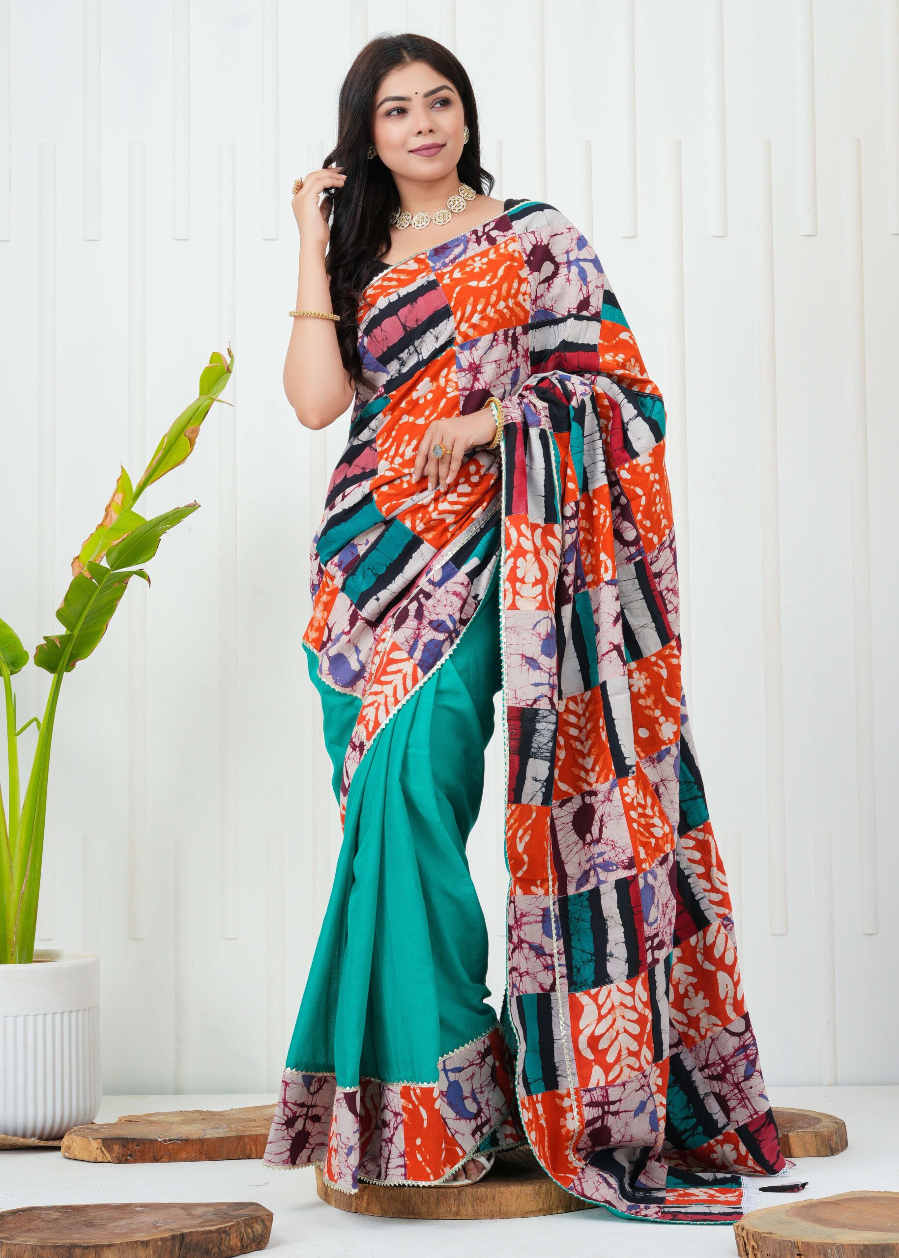 Women's Multicolor Patchwork Printed Saree with Green Base Blouse Piece Elegant Ethnic Wear - Image 2