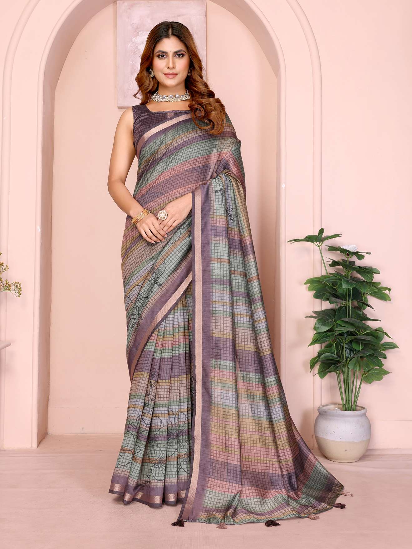 Pastel Multicolor Checked Black Chanderi Saree ? Lightweight Digital Prints with Tassel Border - Image 6