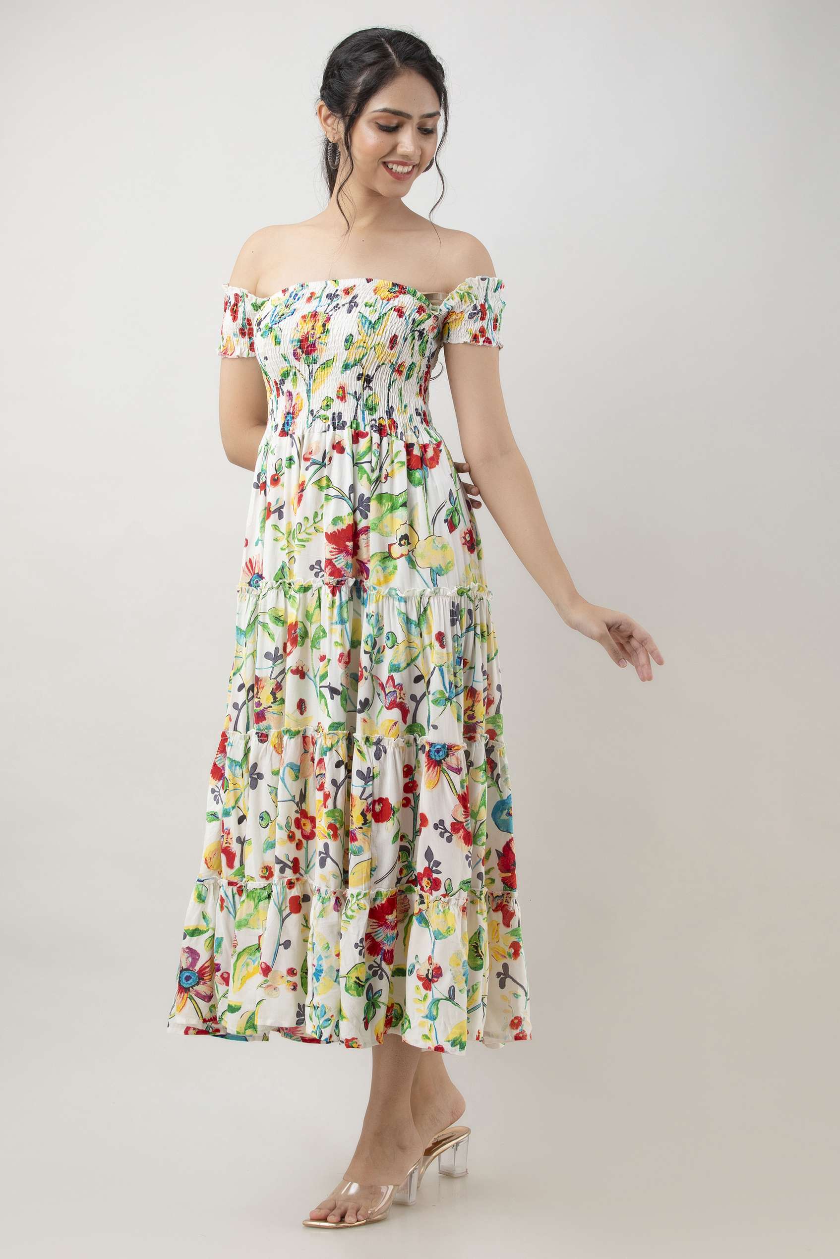 Women's Viscos Rayon Printed Off Shoulder Midi Dress For Summer And Casual Wear (White Floral)