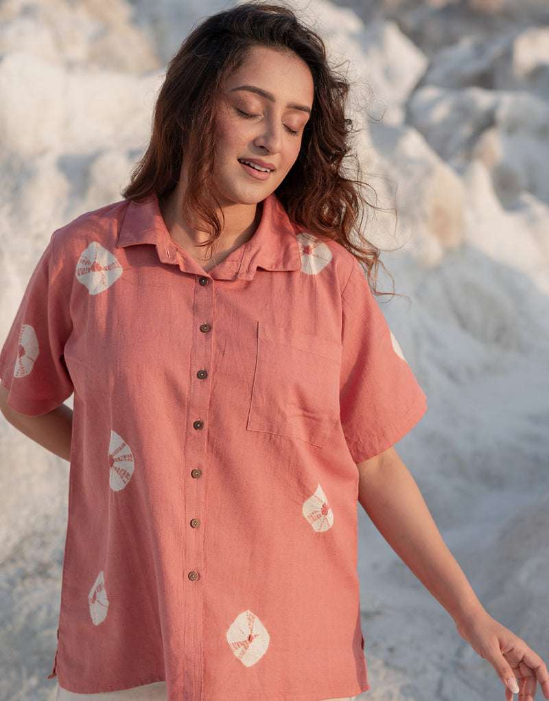 Women's Cotton Tie-Dye Print Straight Shirt With Wide Leg Palazzo Pant Casual Summer Collection Cord Set ( Gulaabi )