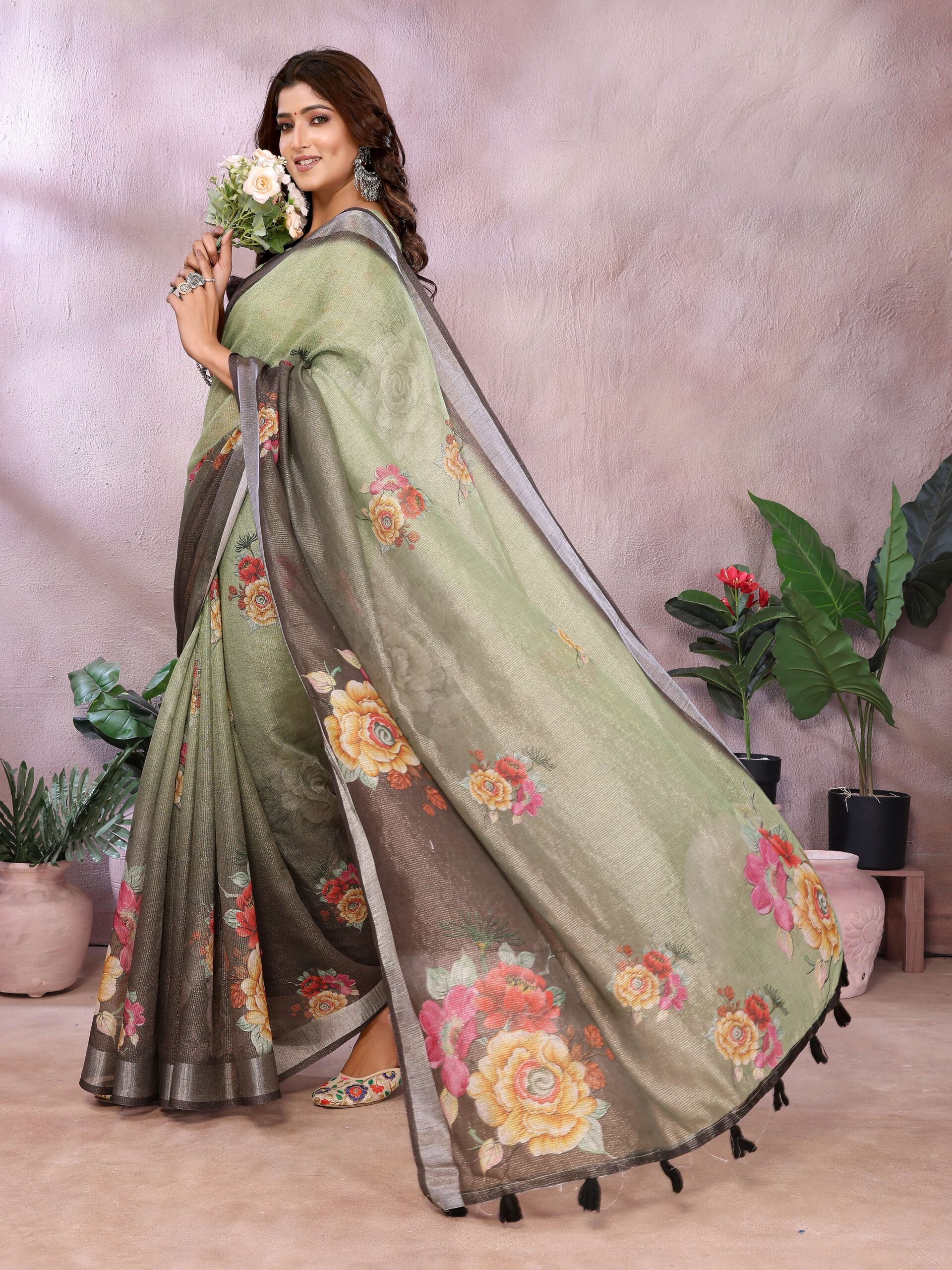 Serene Green Floral Printed Saree with a Contrasting Pallu