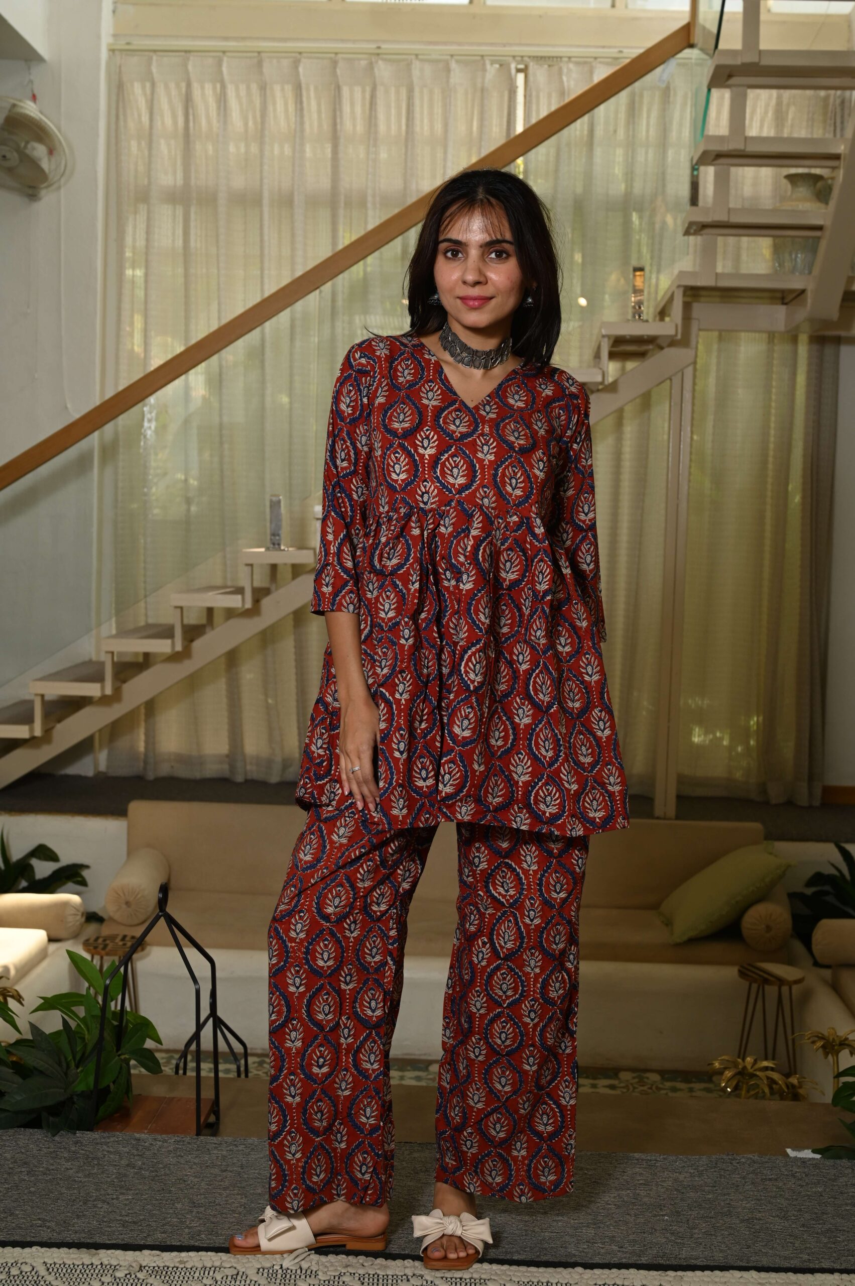 Maroon Block Print Cotton Co-ord Set for Women ? Peplum Kurta & Straight Pants, Casual Ethnic Wear