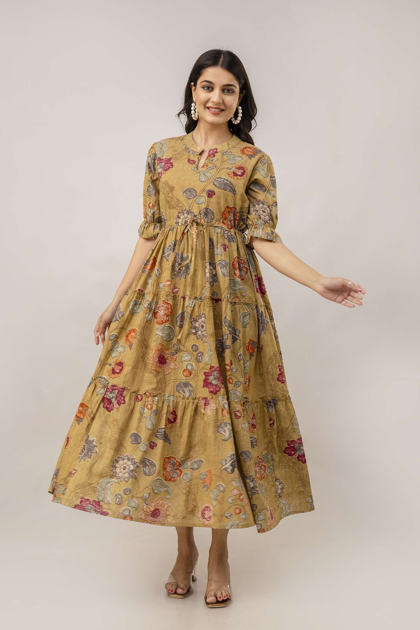 Women's Cotton Printed Fit & Flare Anarkali Gown Midi Dress