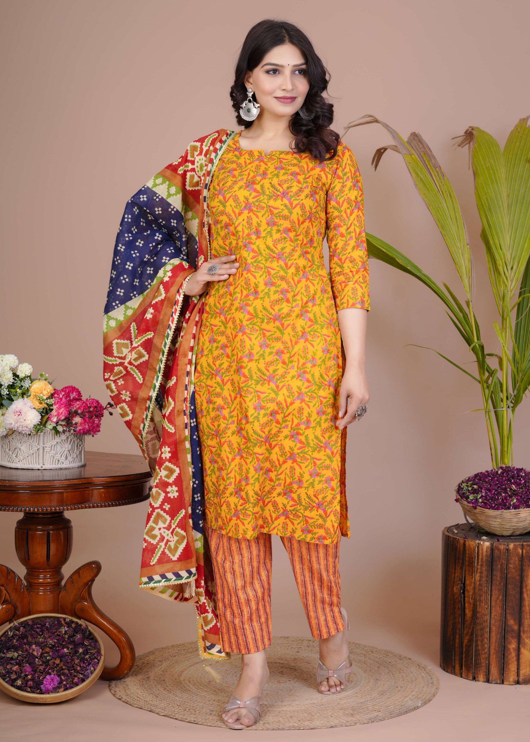Women's Yellow Cotton Printed Straight Kurti with Pant & Dupatta Set - Image 2