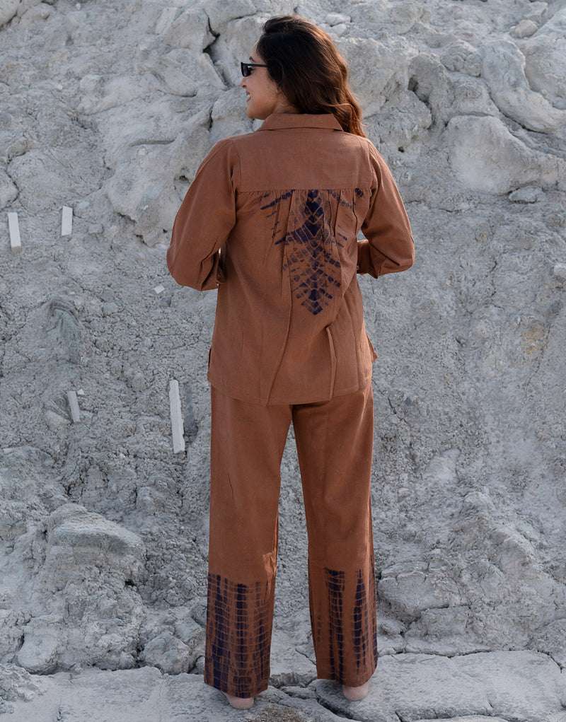 Women's Cotton Tie Dye Print Two-Piece Lounge Set Tunic with Wide-Leg Pants, Resort Wear ( Brown Black )