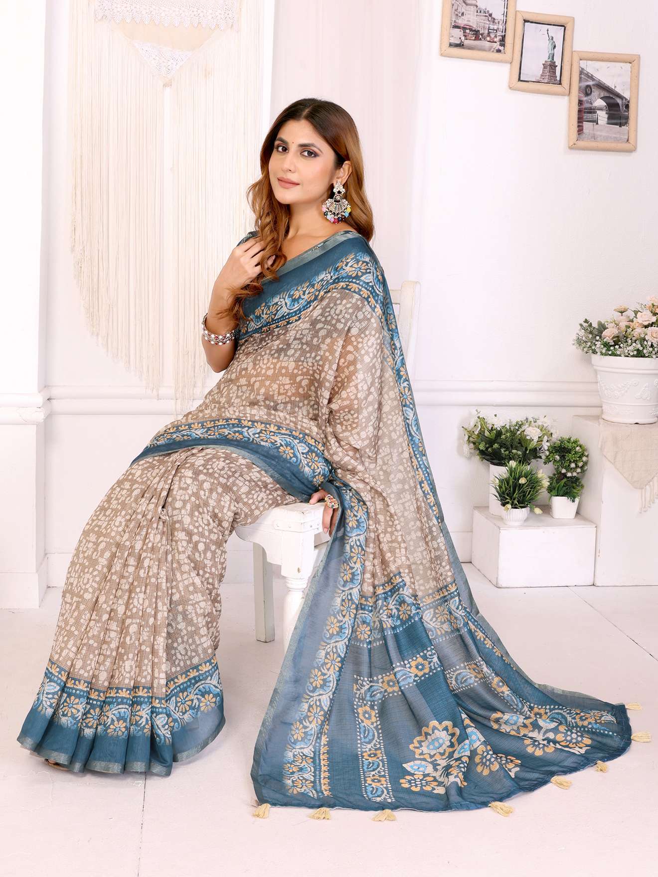 Beige Chanderi Saree with Teal Ethnic Motifs ? Elegant & Festive - Image 2
