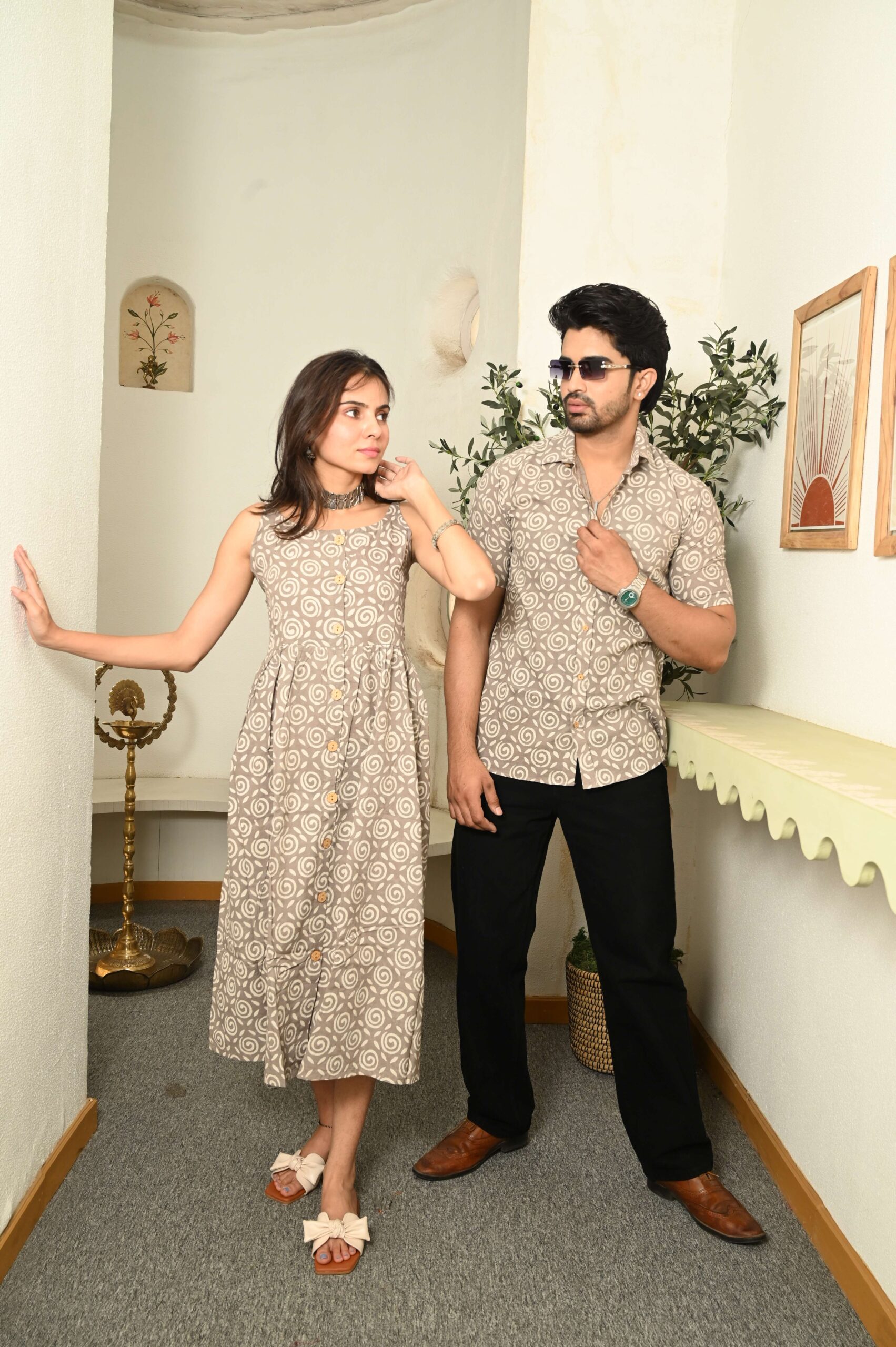Couple Matching Outfit ? Beige Cotton Swirl Print Midi Dress & Shirt Set, Casual Summer Wear - Image 3