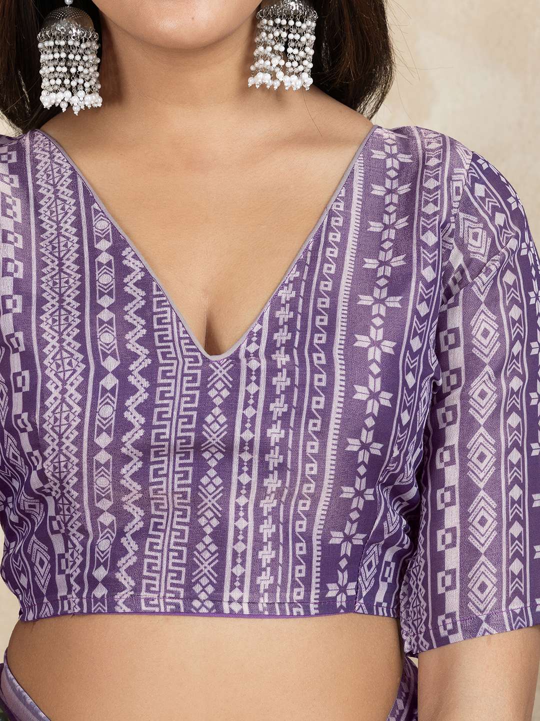 Elegant Teal Green and Mauve Pink Linen Saree with Geometric and Floral Prints - Image 5