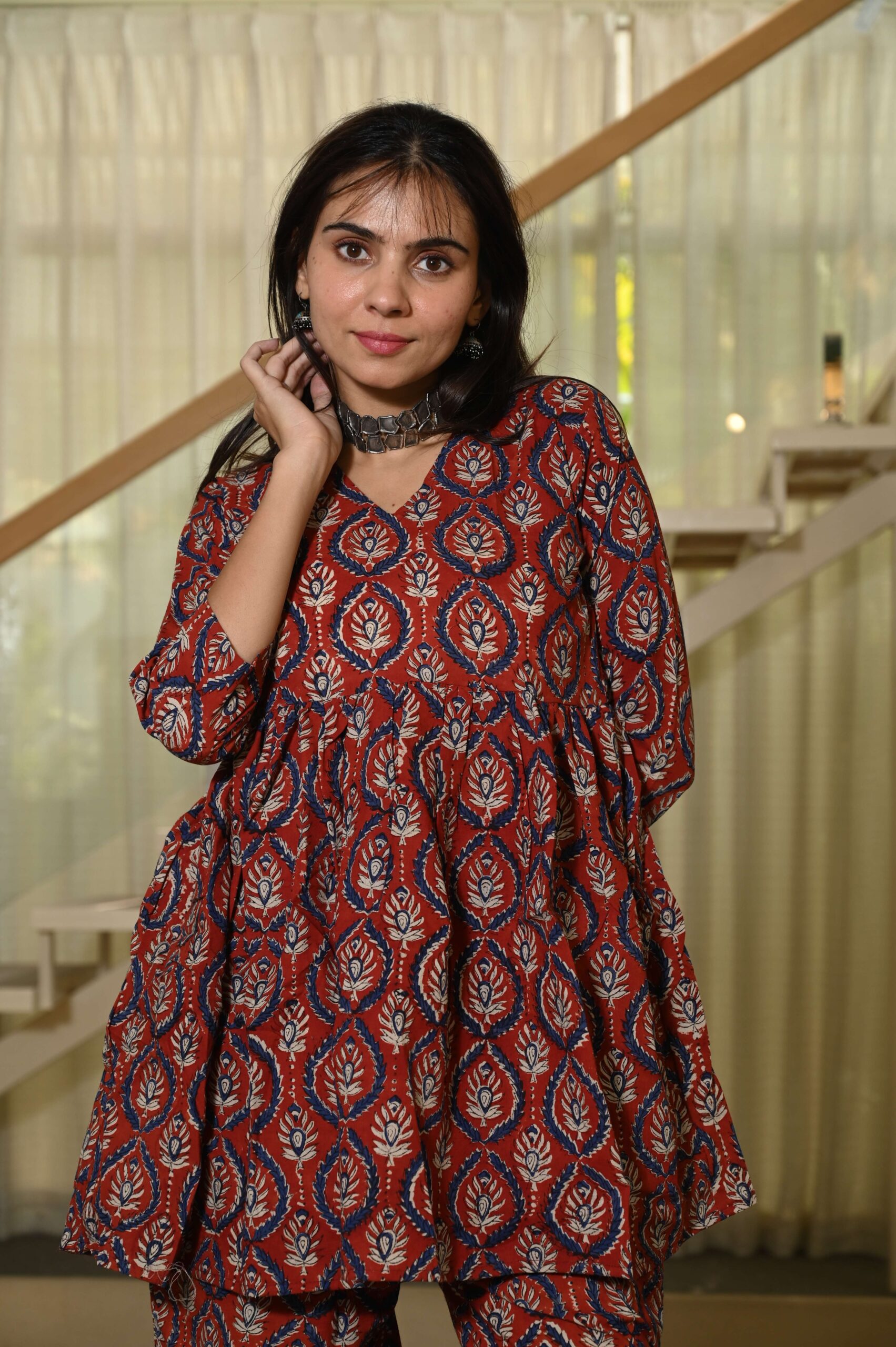 Maroon Block Print Cotton Co-ord Set for Women ? Peplum Kurta & Straight Pants, Casual Ethnic Wear - Image 5