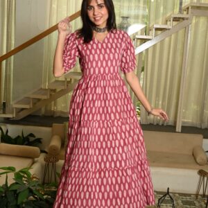 Red Printed Cotton Anarkali Maxi Dress with Puff Sleeves Elegant Casual Wear