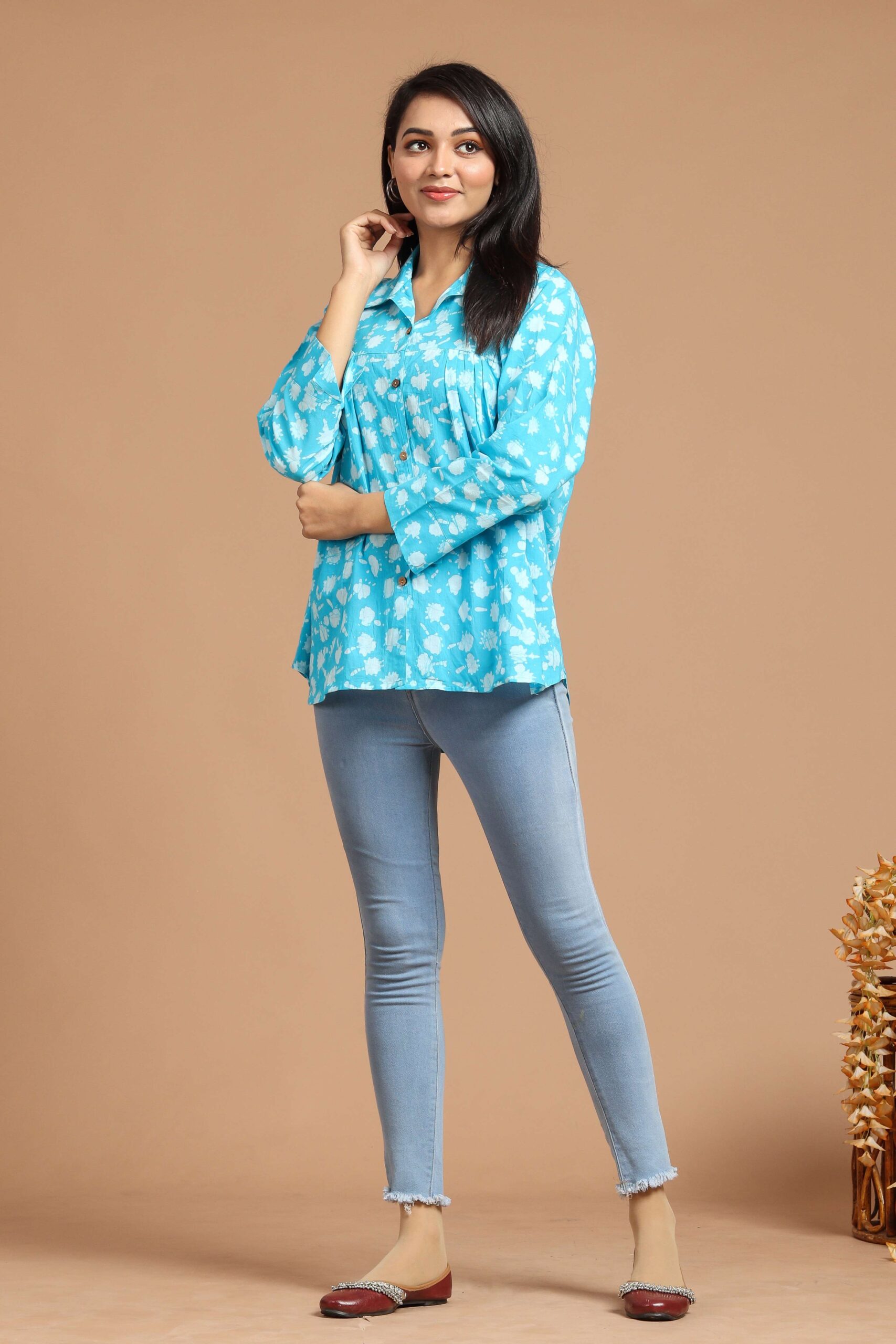 Women?s Blue Floral Printed Cotton Long Sleeve Shirt Top ? Casual & Office Wear - Image 2