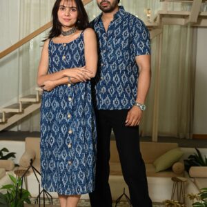 Couple Matching Outfit ? Chevron Print Cotton Midi Dress & Shirt Set, Navy Blue And White, Casual Ethnic Wear