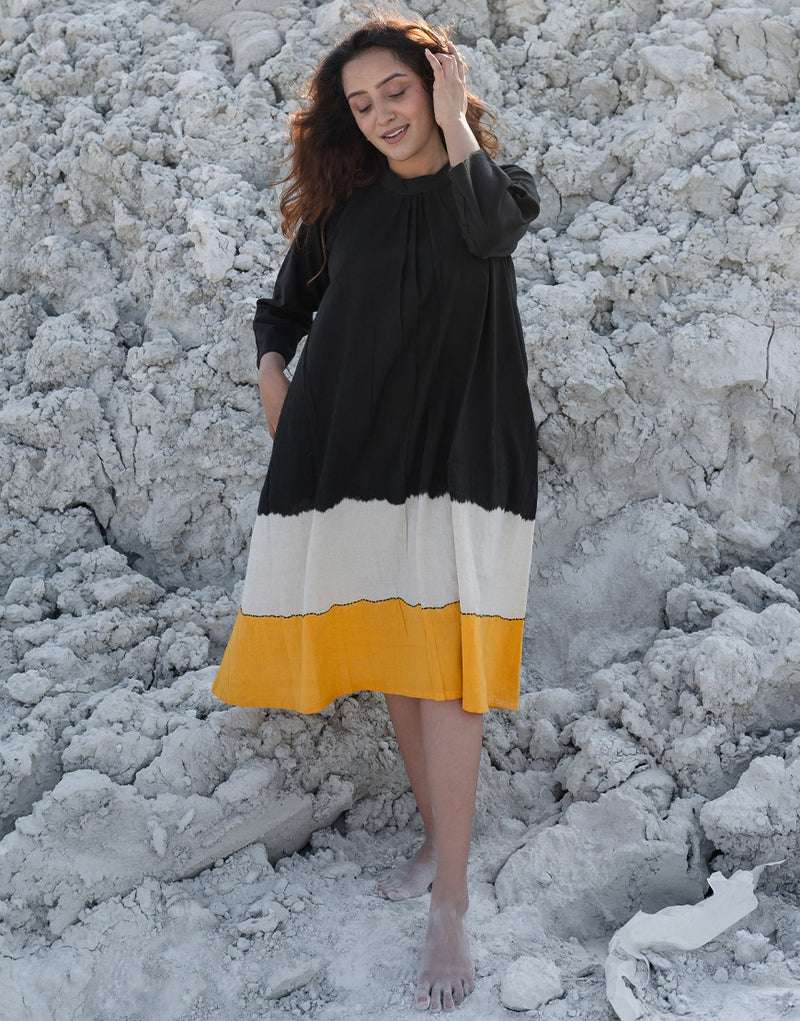 Women's Cotton Tie-Dye Print Loose Short Sleeveless Tunic Dress ( Black Yellow )