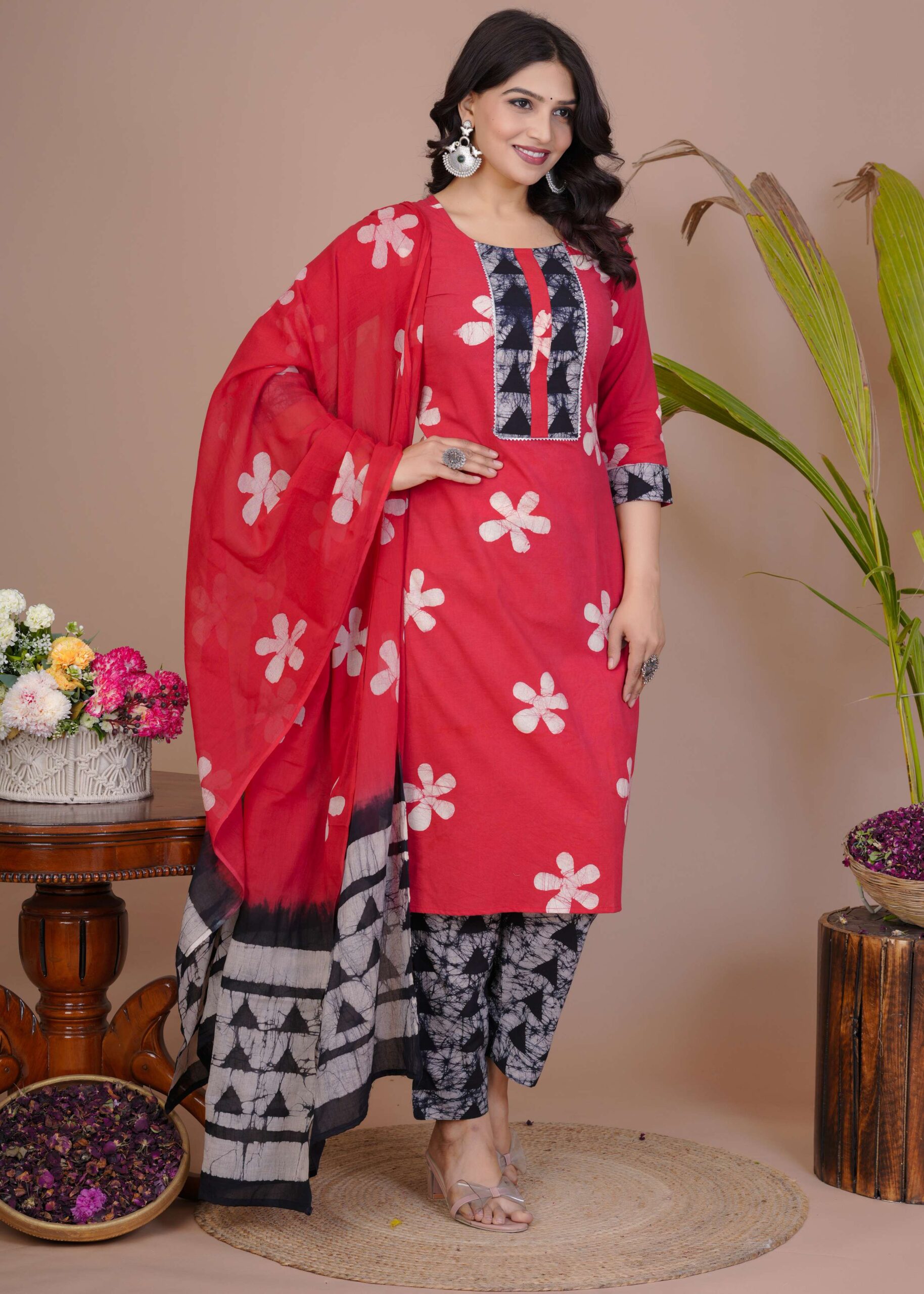 Women's Red Cotton Printed Straight Kurti with Pant & Dupatta Set - Image 6