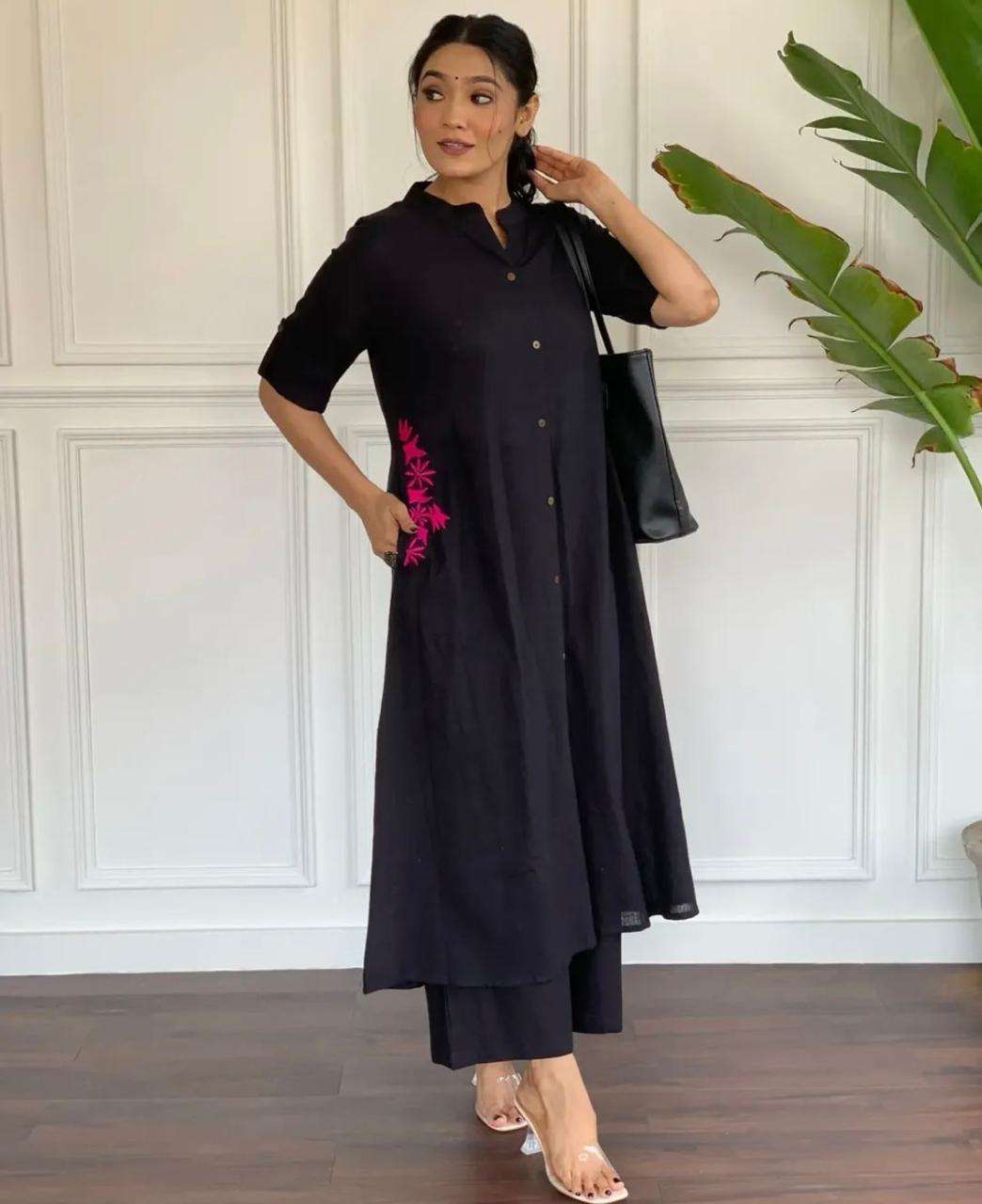 Women's Cotton Embroiderd Long A-Line Kurti with Palazzo - Image 3
