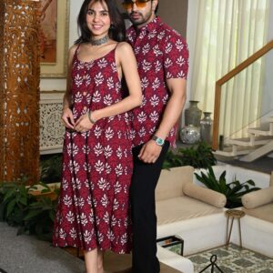 Couple Matching Outfit ? Maroon Cotton Floral Printed Midi Dress & Shirt Set, Summer Casual Wear