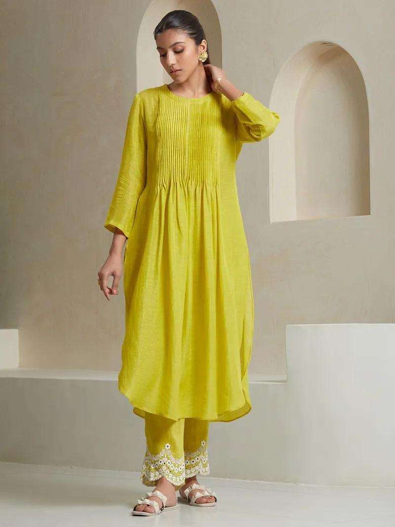 Women's Cotton Printed Line Flared Straight Kurti with Palazzo and Dupatta (Parrot Green) - Image 2