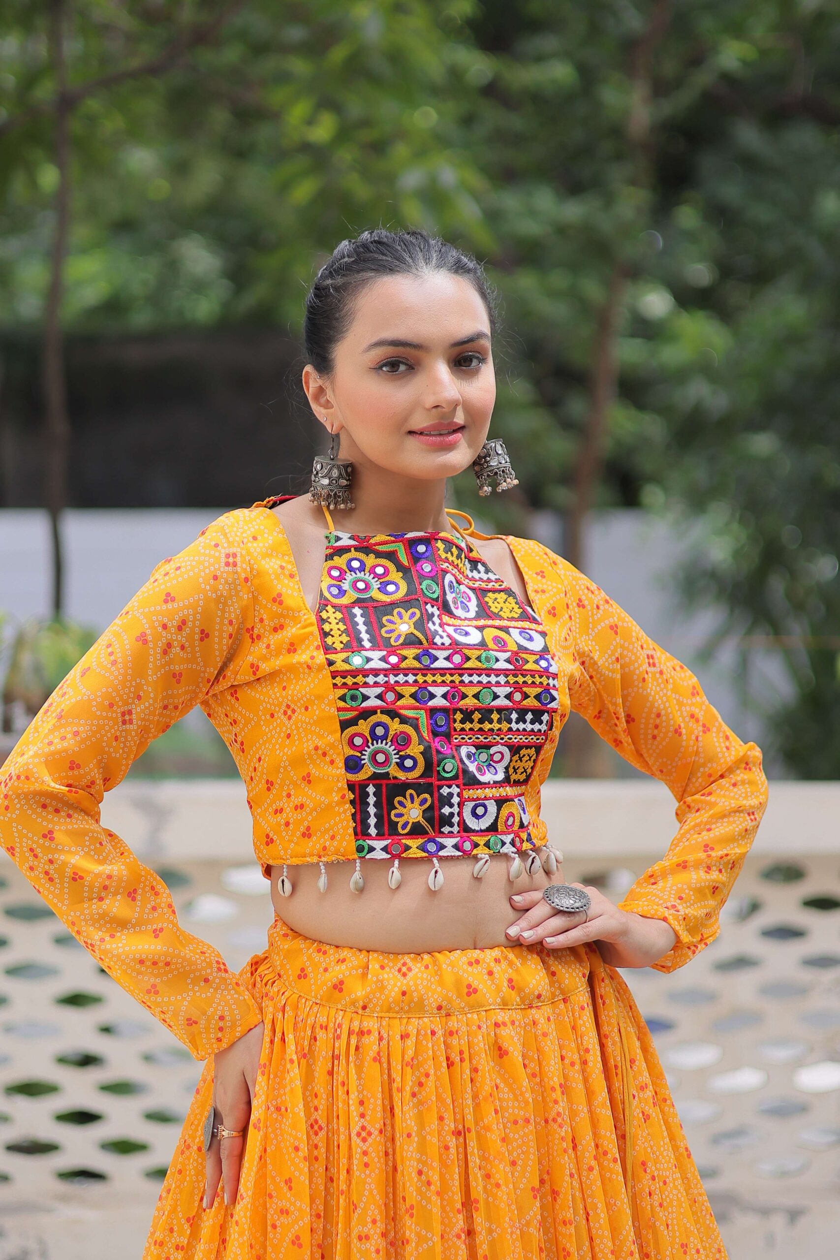 Faux Georgette Bandhej Frilled Navratri Lehenga Choli Set - Image 2