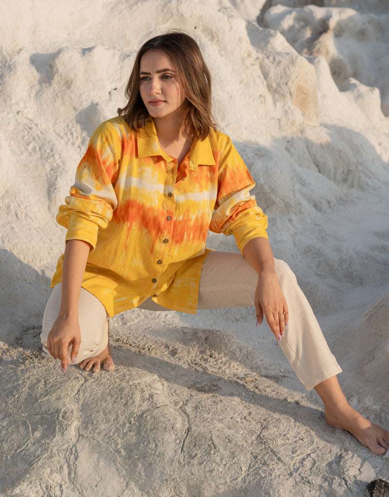 Women's Cotton Tie-Dye Print Straight Shirt With Wide Leg Palazzo Pant Casual Summer Collection Cord Set ( Yellow Beige )