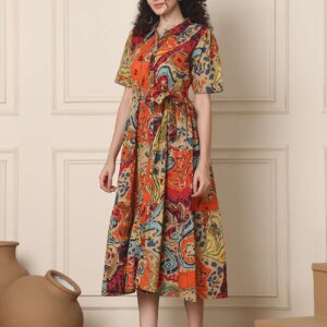 Women's Cotton Printed A-Line Midi Dress | Short Sleeve Flared Gown Dress (Multti Color1)