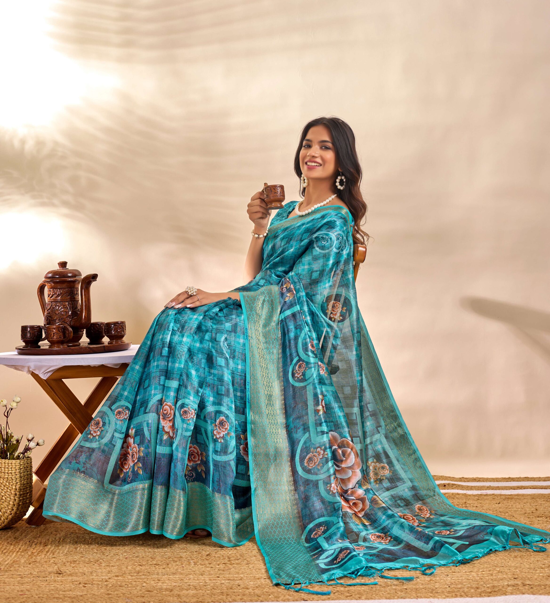Teal Blue Soft Silk Saree with Floral Digital Pallu & Zari Border - Image 3