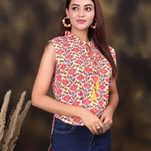 Floral Printed Sleeveless Cotton Top for Women ? Stylish Summer Casual Wear