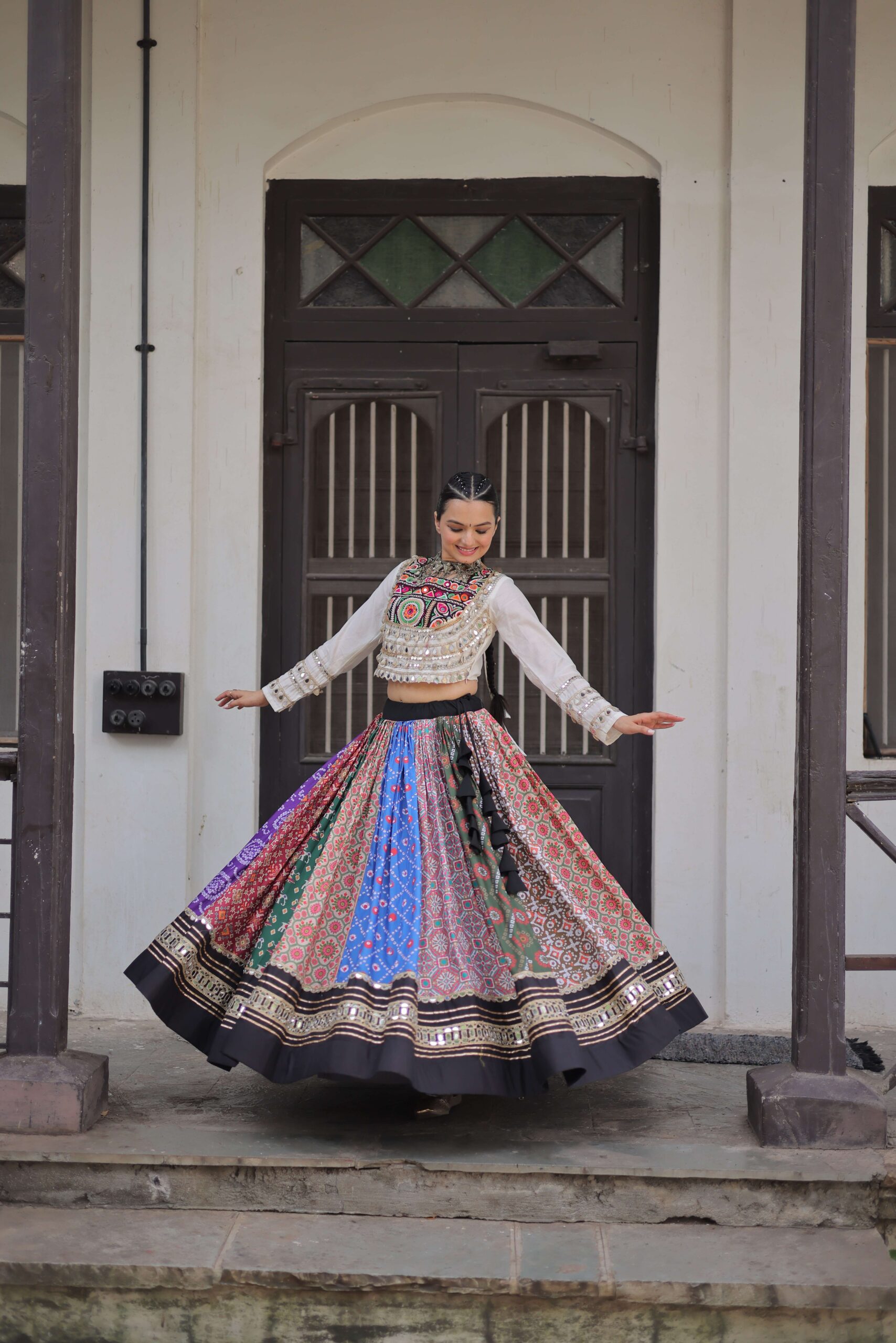Cotton Printed Navratri Lehenga Choli Set with Gota & Mirror Lace - Image 3