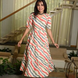 Multicolor Striped Cotton Midi Dress with Puff Sleeves Trendy Summer Casual Wear