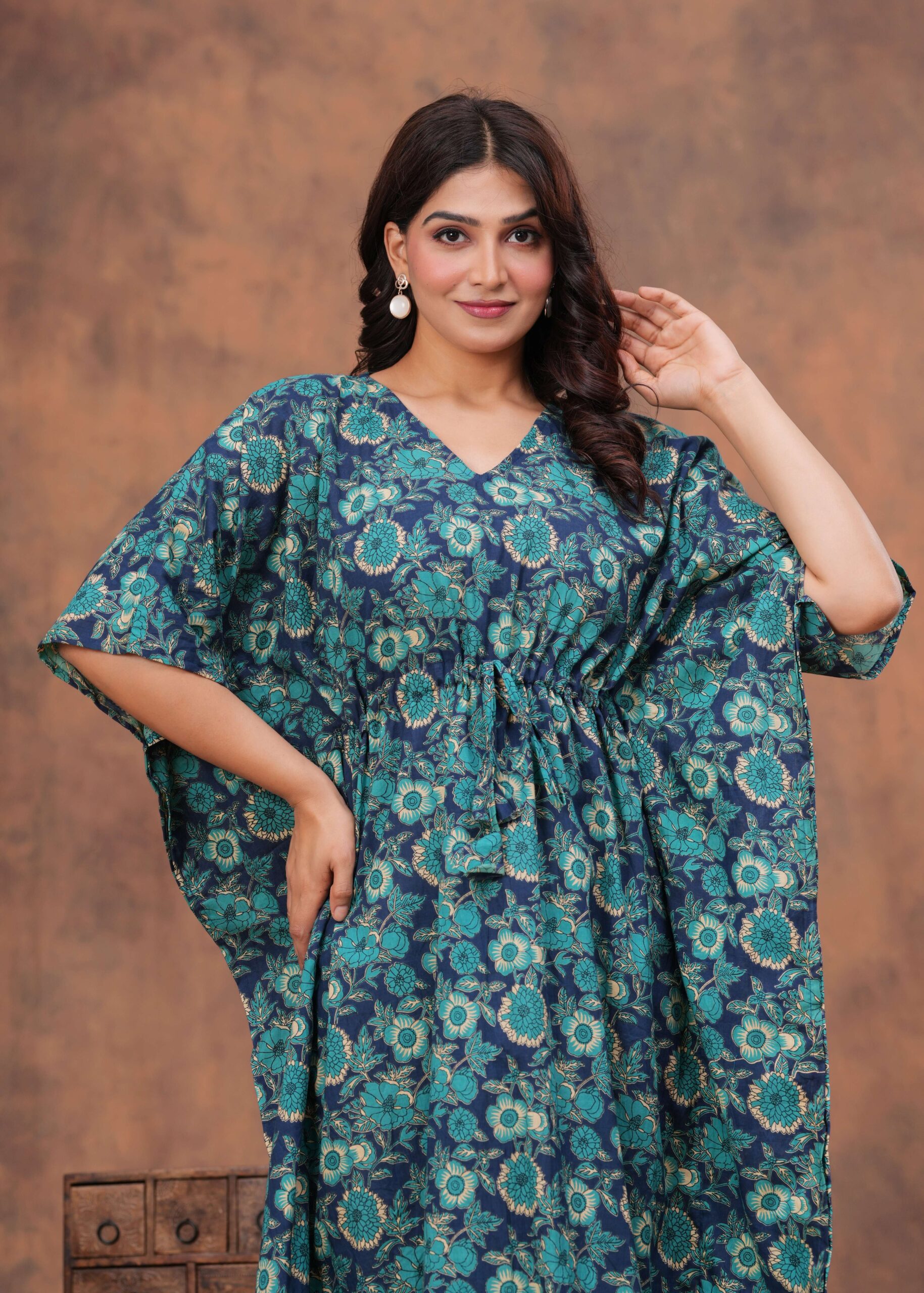 Women's Blue Cotton Floral Printed Kaftan Dress with Drawstring Waist - Image 5