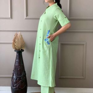 Women's Cotton Embroiderd Long A-Line Kurti with Palazzo