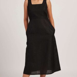 Women's Cotton Solid Pain Sleeveless Midi Dress Stylish Western One Piece Casual Empire Dress  ( Midnight Black )