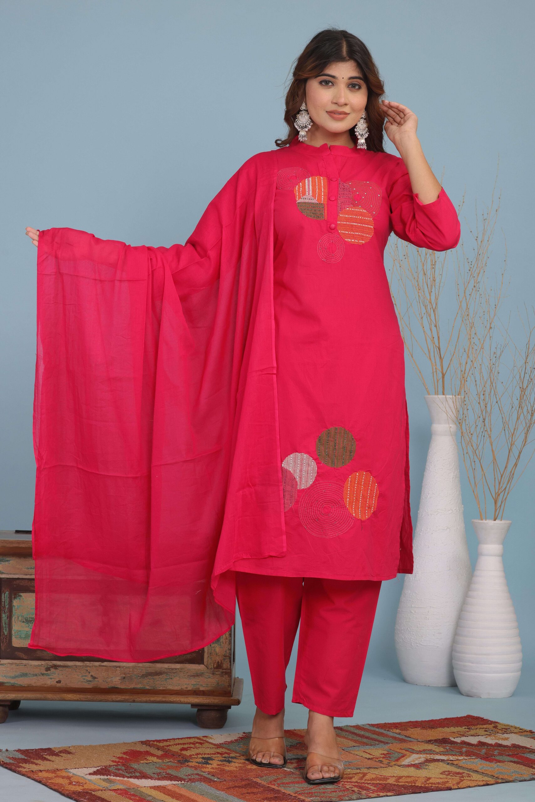 Women's Cotton Embroidery Straight Kurti With Pant Set