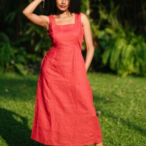 Women's Cotton Solid Pain Sleeveless Midi Dress Stylish Western One Piece Casual Empire Dress  ( Maroon )