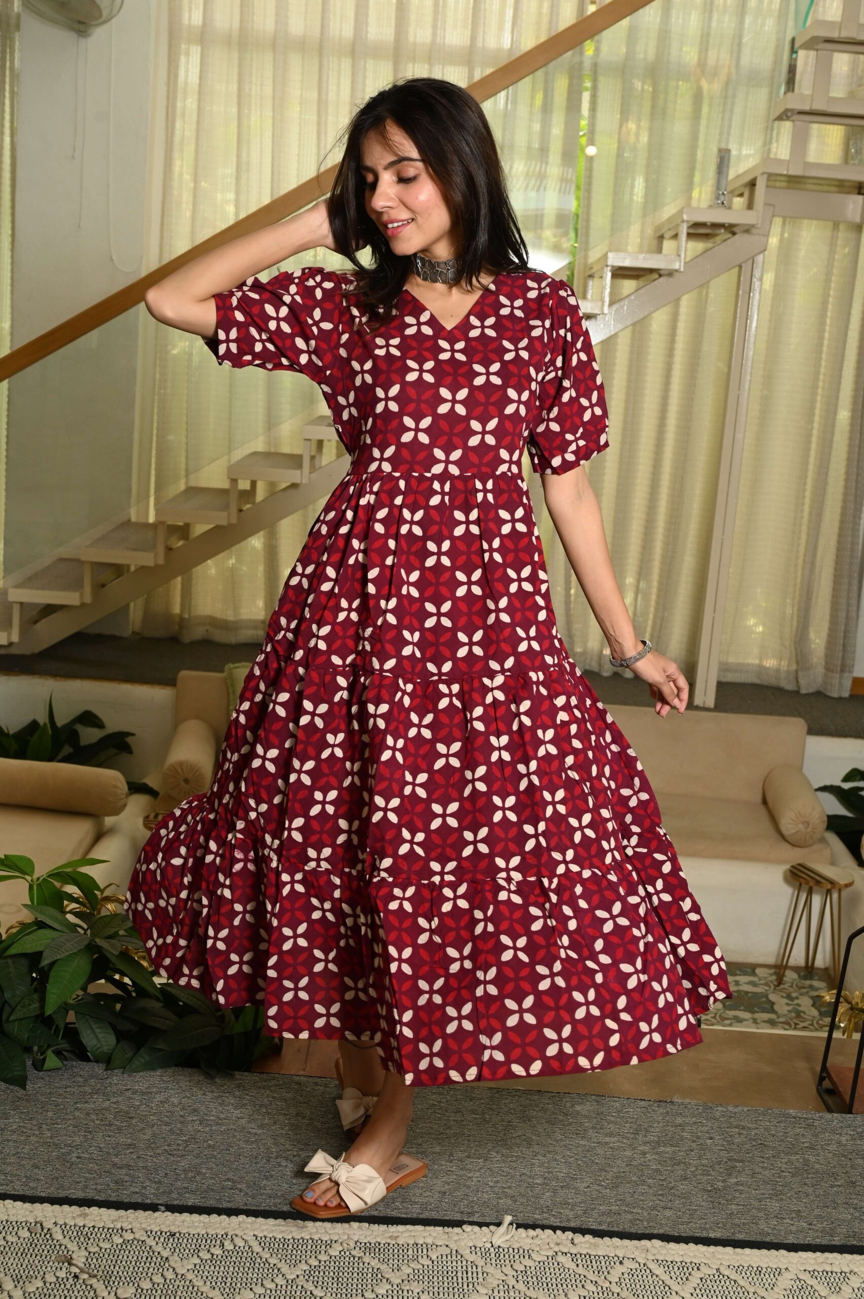 Maroon Printed Cotton Anarkali Maxi Dress with Puff Sleeves Elegant Casual Wear - Image 2