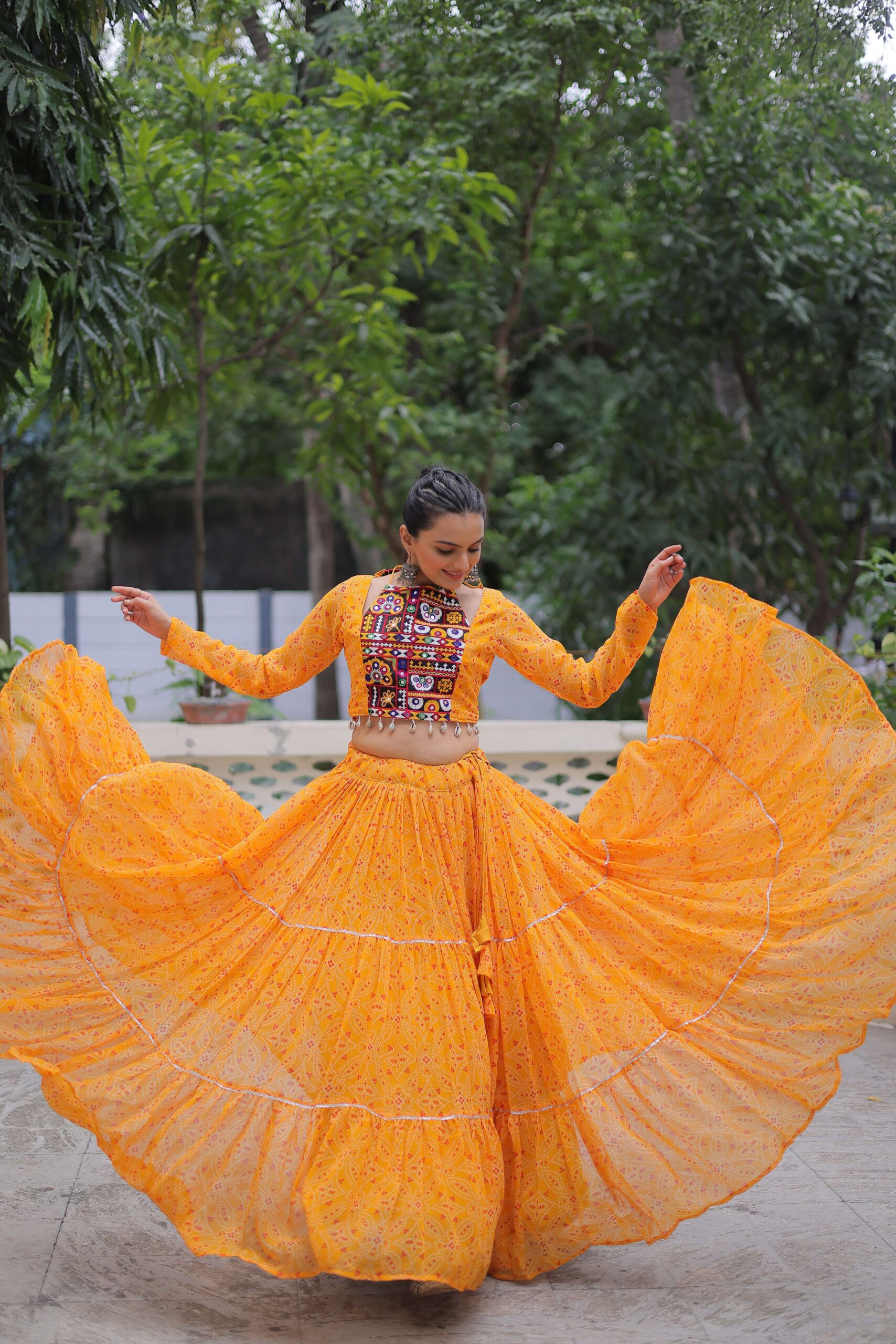 Faux Georgette Bandhej Frilled Navratri Lehenga Choli Set - Image 5