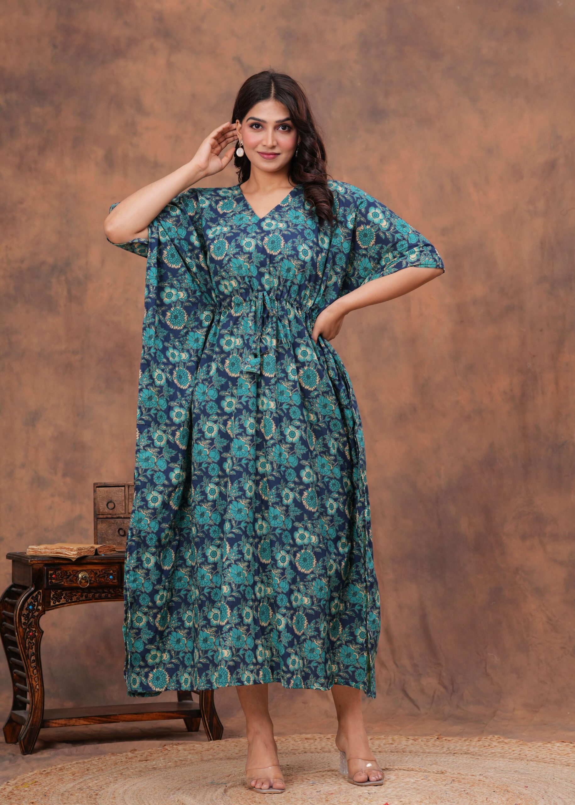 Women's Blue Cotton Floral Printed Kaftan Dress with Drawstring Waist