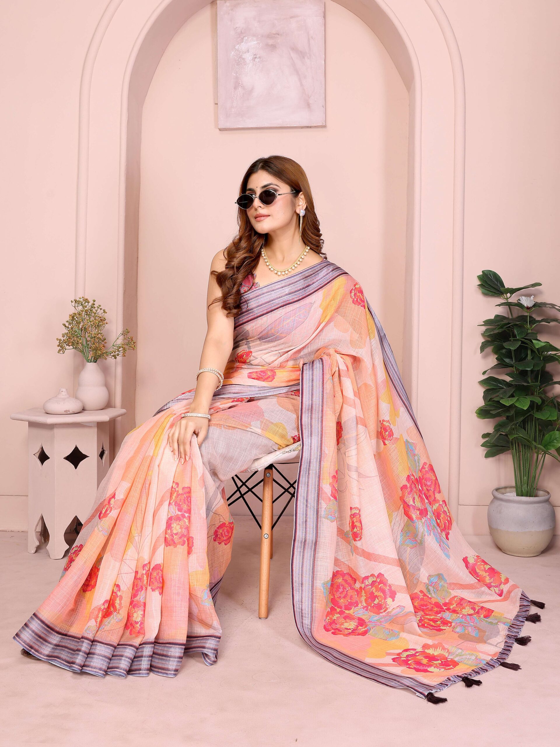 Peach Linen Cotton Saree with Vibrant Floral Prints & Striped Tassel Border - Image 6