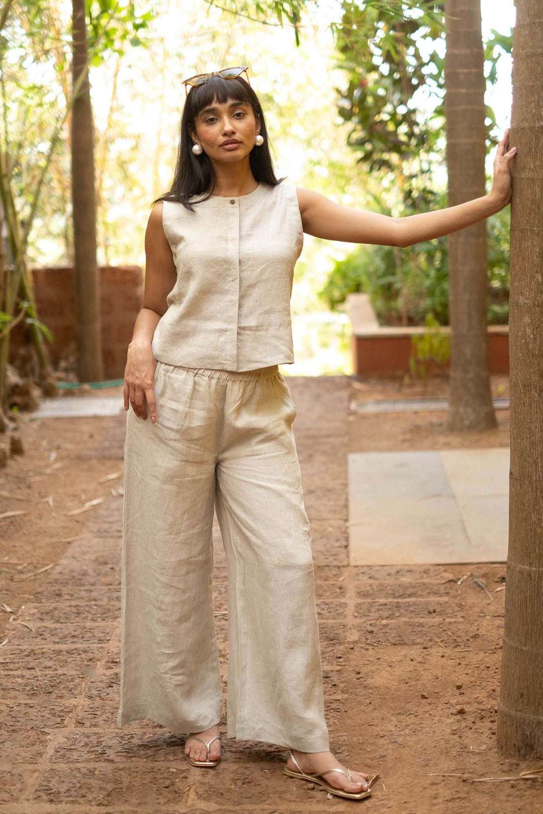 Women's Cotton Solid V Neck Sleeveless 2 Piece Outfit Loose Tank Top and Wide Leg Palazzo Pants Sets cord set ( Beige ) - Image 4