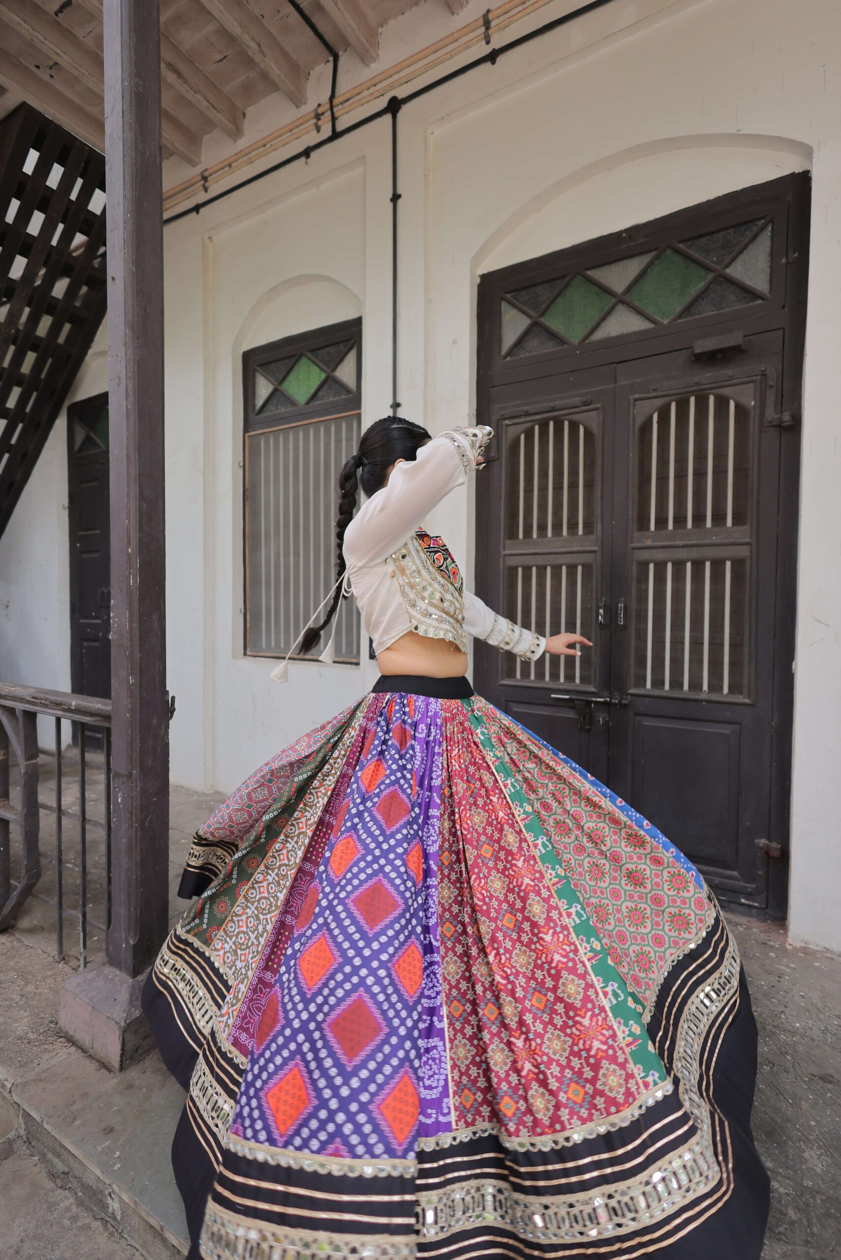 Cotton Printed Navratri Lehenga Choli Set with Gota & Mirror Lace